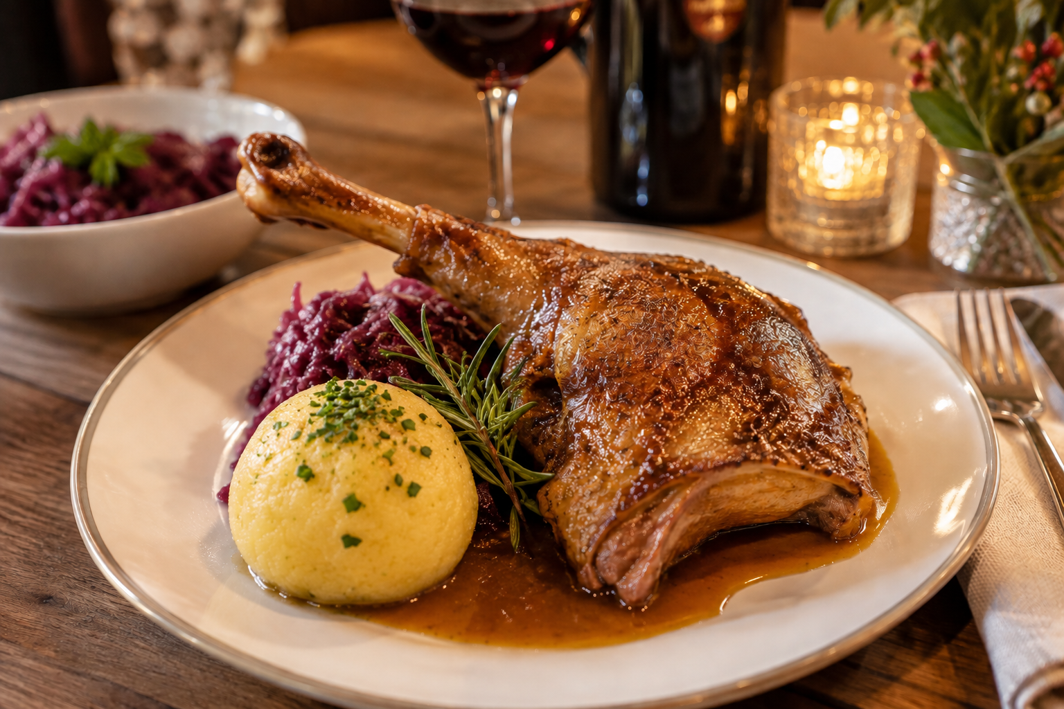 Eine gebratene Gans mit Rotkraut und Waldviertler Knödel. 