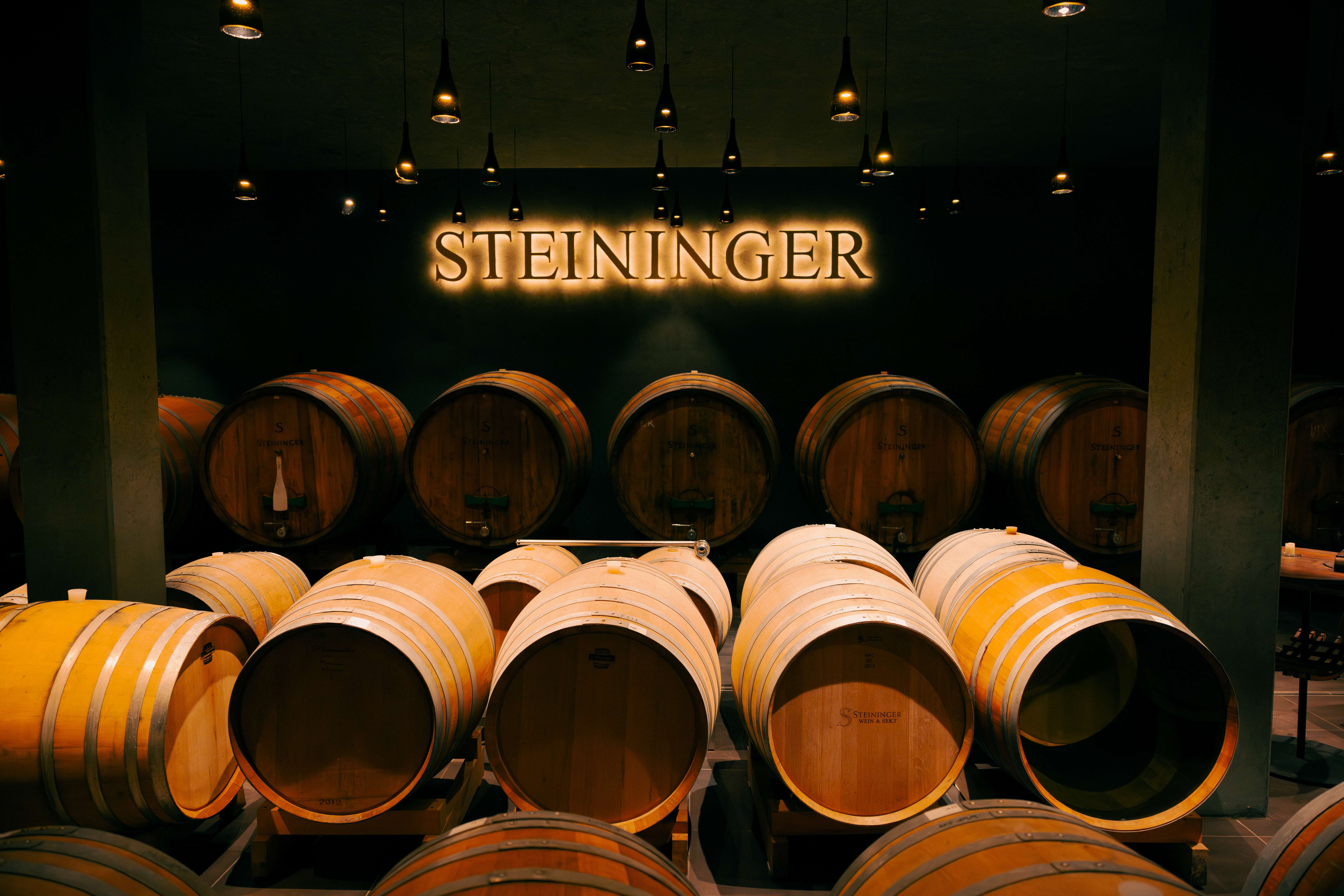Weinkeller mit Holzfässern und dem Schriftzug 'Steininger' an der Wand.