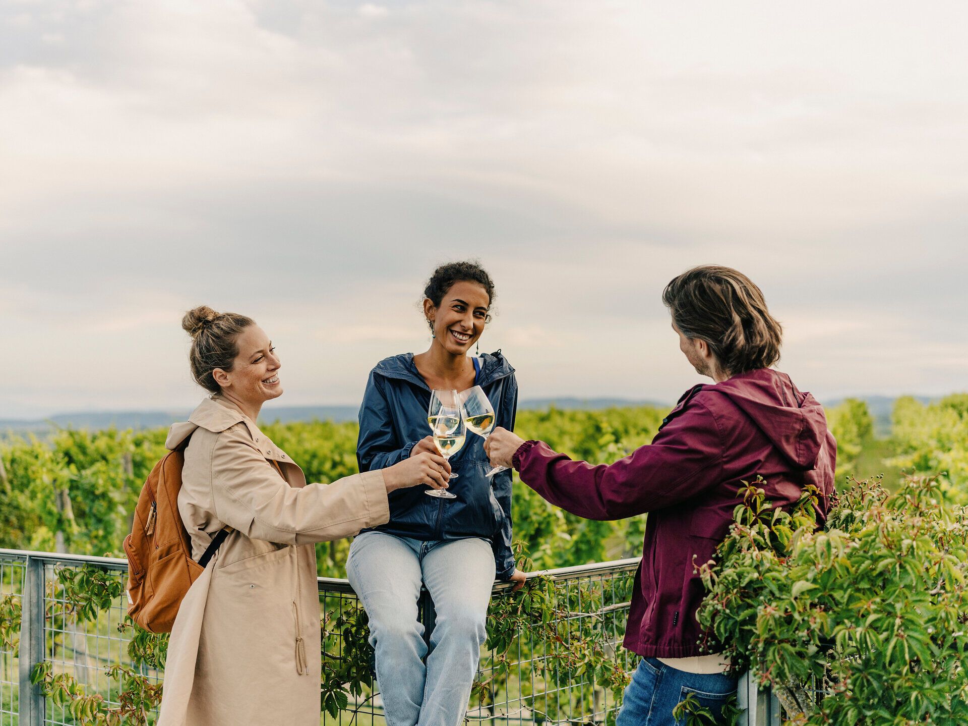 Drei Freunde genießen einen entspannten Moment inmitten der malerischen Weinlandschaft. Mit Gläsern in der Hand stoßen sie an und lassen sich von der Schönheit der Umgebung verzaubern. Die sanften Hügel und die üppigen Weinreben schaffen eine einladende Atmosphäre für unvergessliche Erlebnisse.