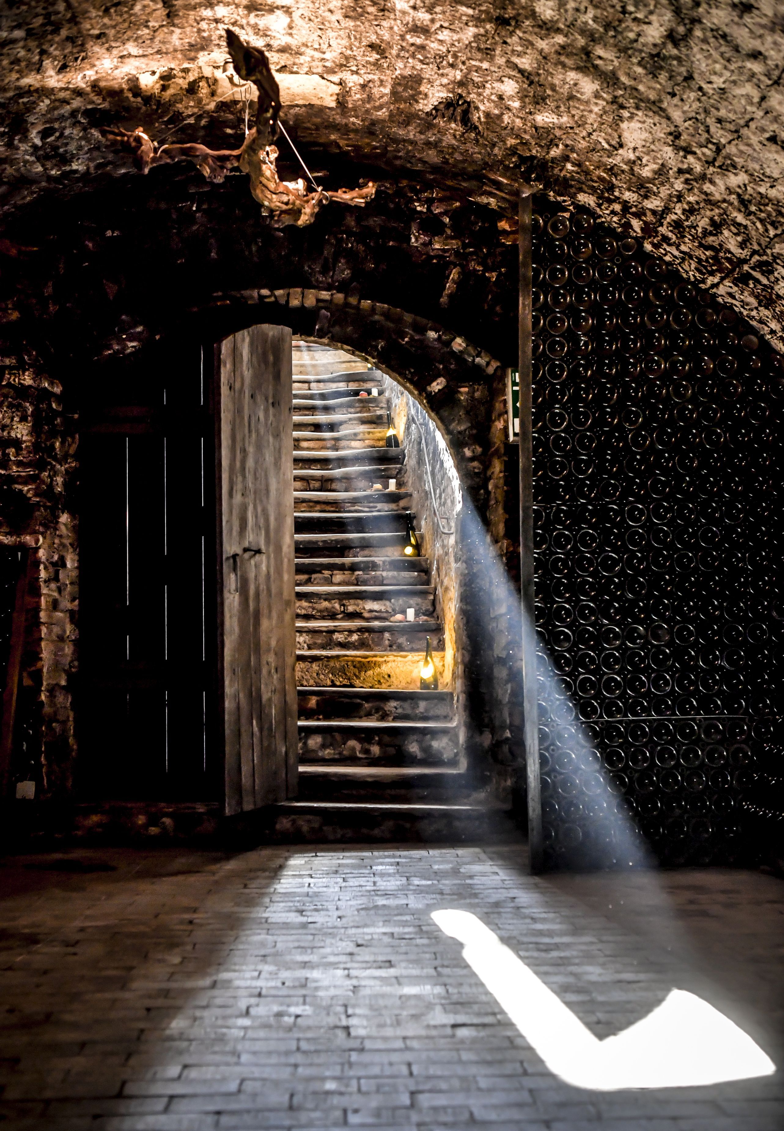 A stone staircase leading down to a wine cellar with a vaulted ceiling, a wall lined with bottles, and a beam of light shining into the room.