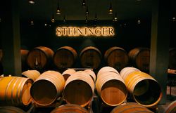 Weinfässer vor einem Logo Schriftzug des Weinguts Steininger.