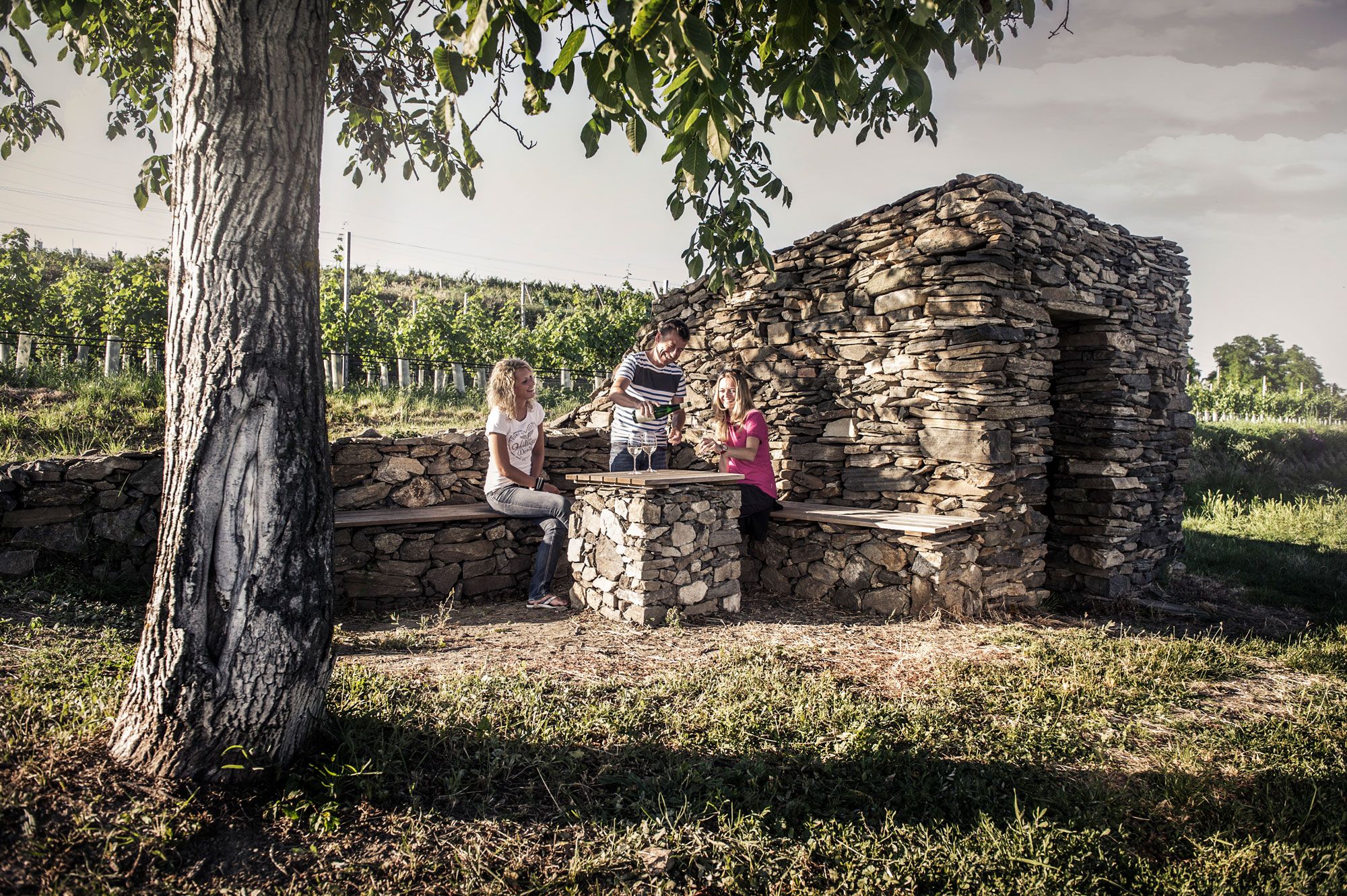 Weinsafes am WEINWEG. 3 Leute sitzen an einem Tisch und trinken Wein. 