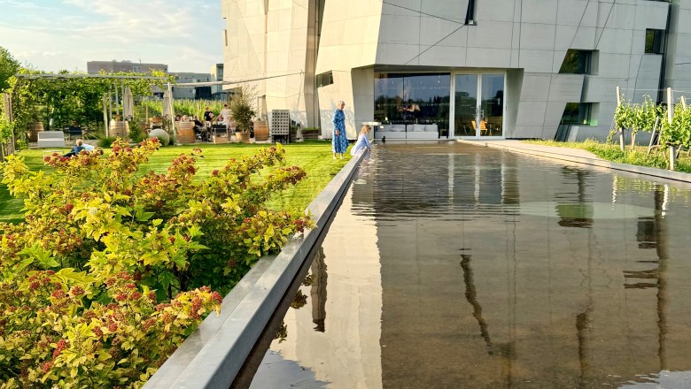 Steininger Weinwelt_Au&szlig;enansicht mit Wasserspiegelung_quadr. &copy;Steininger Weinwelt, &copy; Weinwelt Steininger