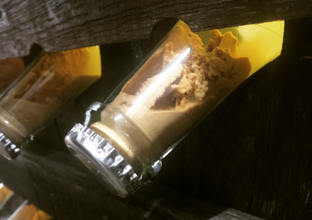 Nahaufnahme von kleinen Glasflaschen mit Korken, die in einem Holzregal schr&auml;g gelagert sind.