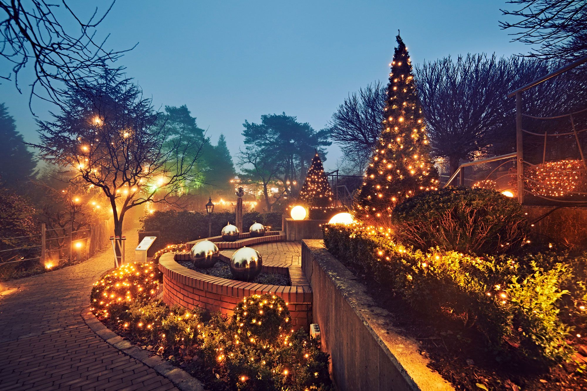 Garten mit weihnachtlicher Beleuchtung. 