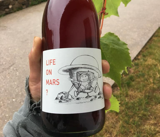 Eine Hand h&auml;lt eine Weinflasche mit einem Etikett, das "Life on Mars?" zeigt. Im Hintergrund sind Bl&auml;tter und ein Garten zu sehen.